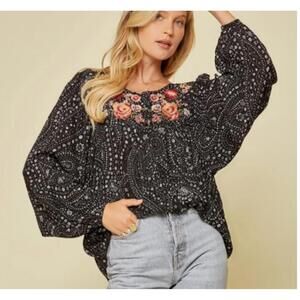 Savanna Jane Boho Balloon Sleeve Embroidered w/Gold M Medium Sparkle Stripe